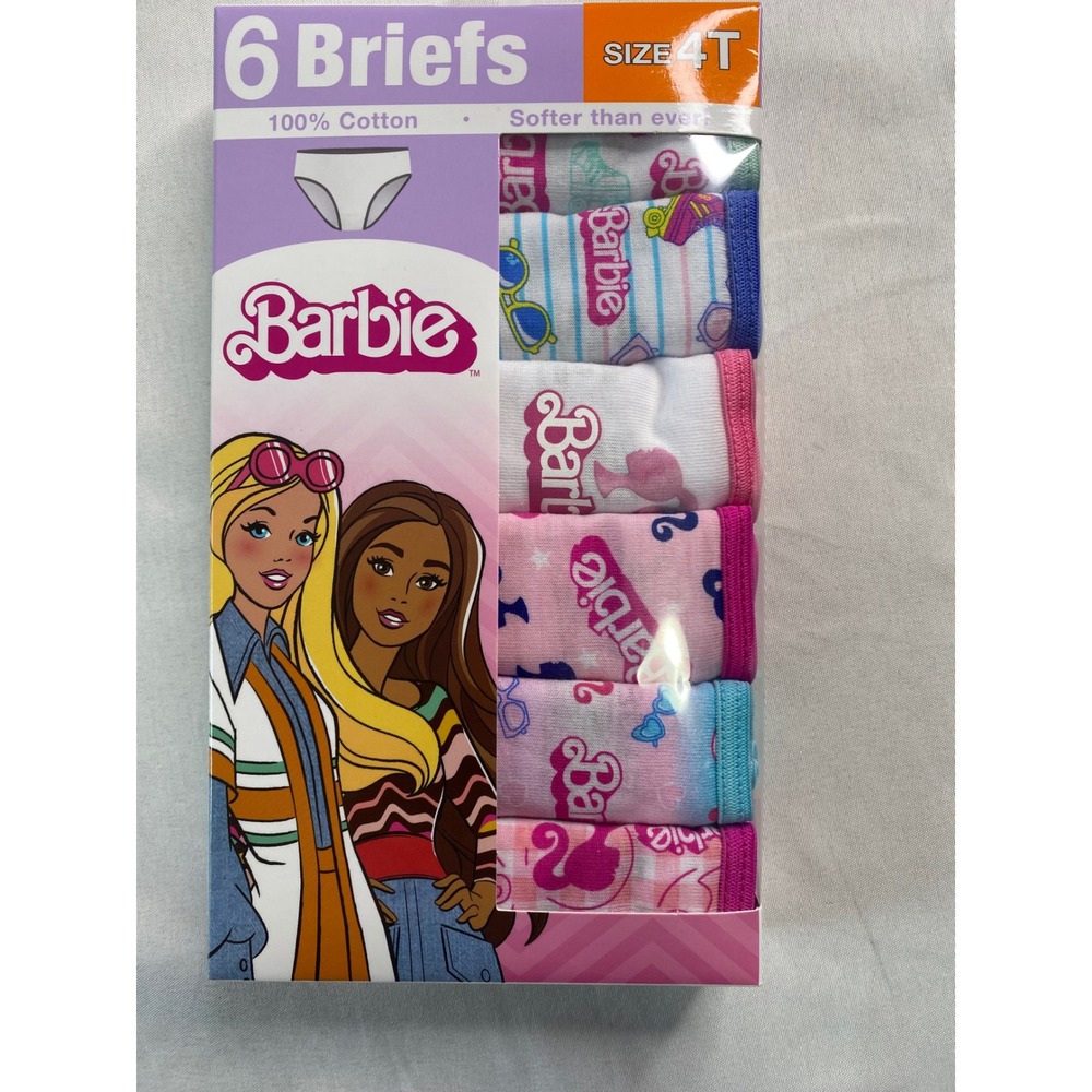 Barbie Girls Brief Underwear 6 Pack 100% Cotton Pink Blue White Size 4T NEW